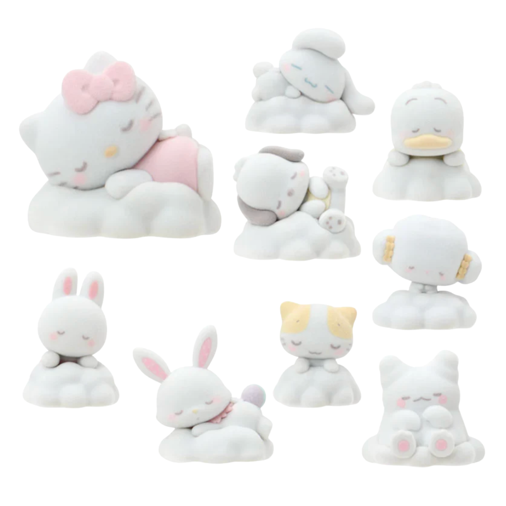 Set of small plush Sanrio character toys on a white background
