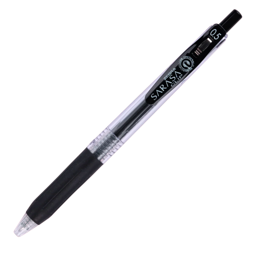 Pen with black accents with text 'Sarasa' on a white background