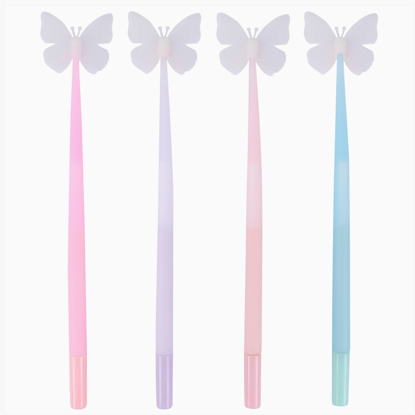 Four gradient pens with butterfly designs on a white background