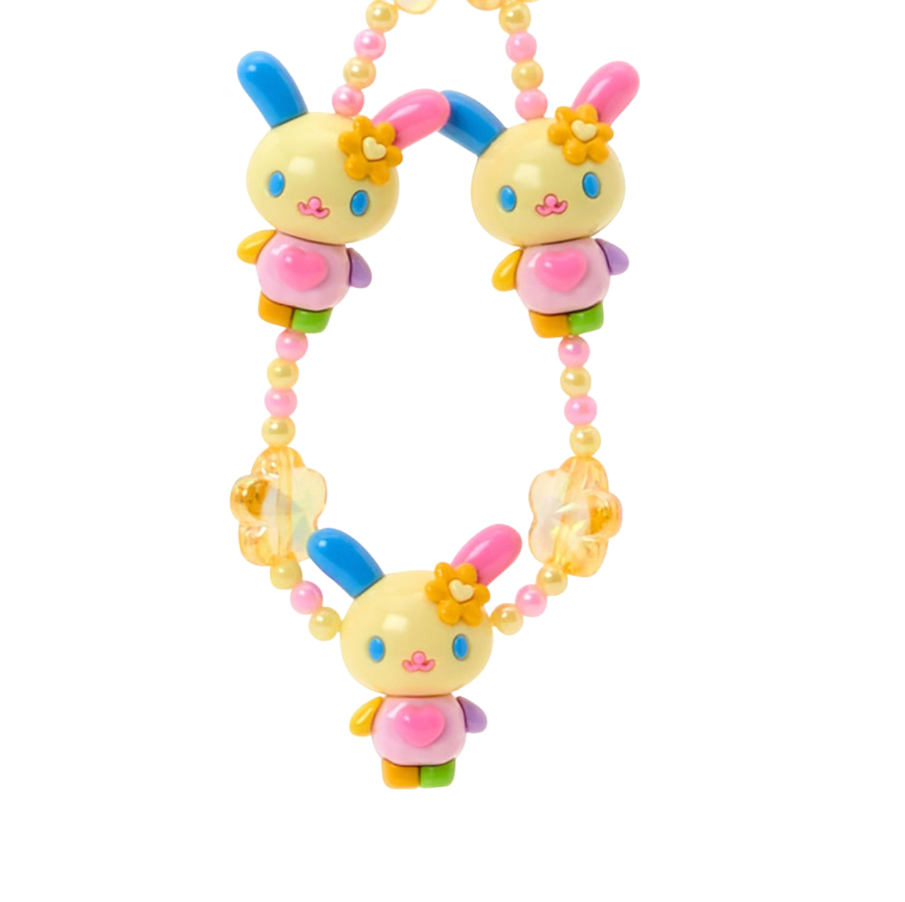 Colorful baby teething necklace with cartoon character on a white background