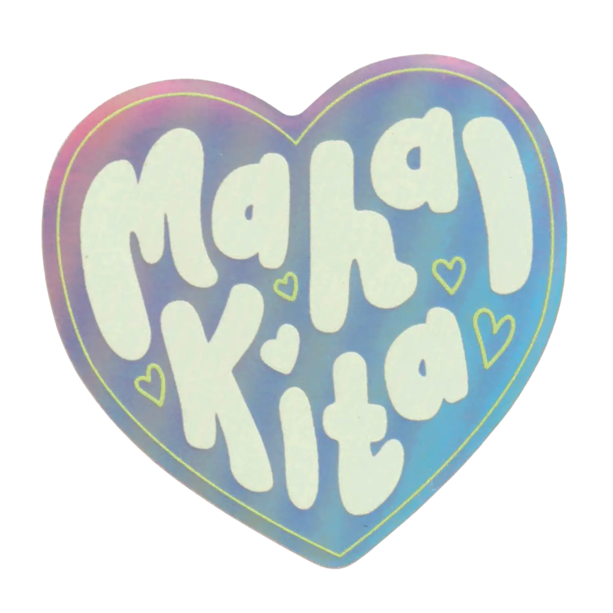 Heart-shaped sticker with 'Maha Kita!' text on a white background