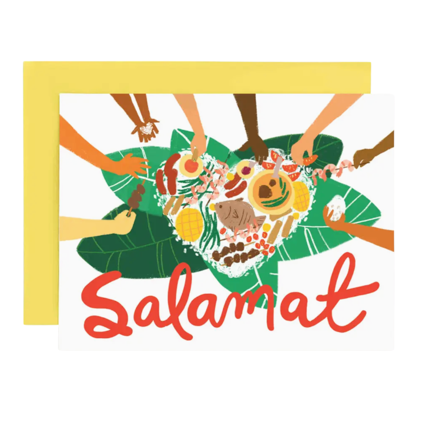 Illustration of hands holding a heart-shaped arrangement with 'Salamat' text on a white background