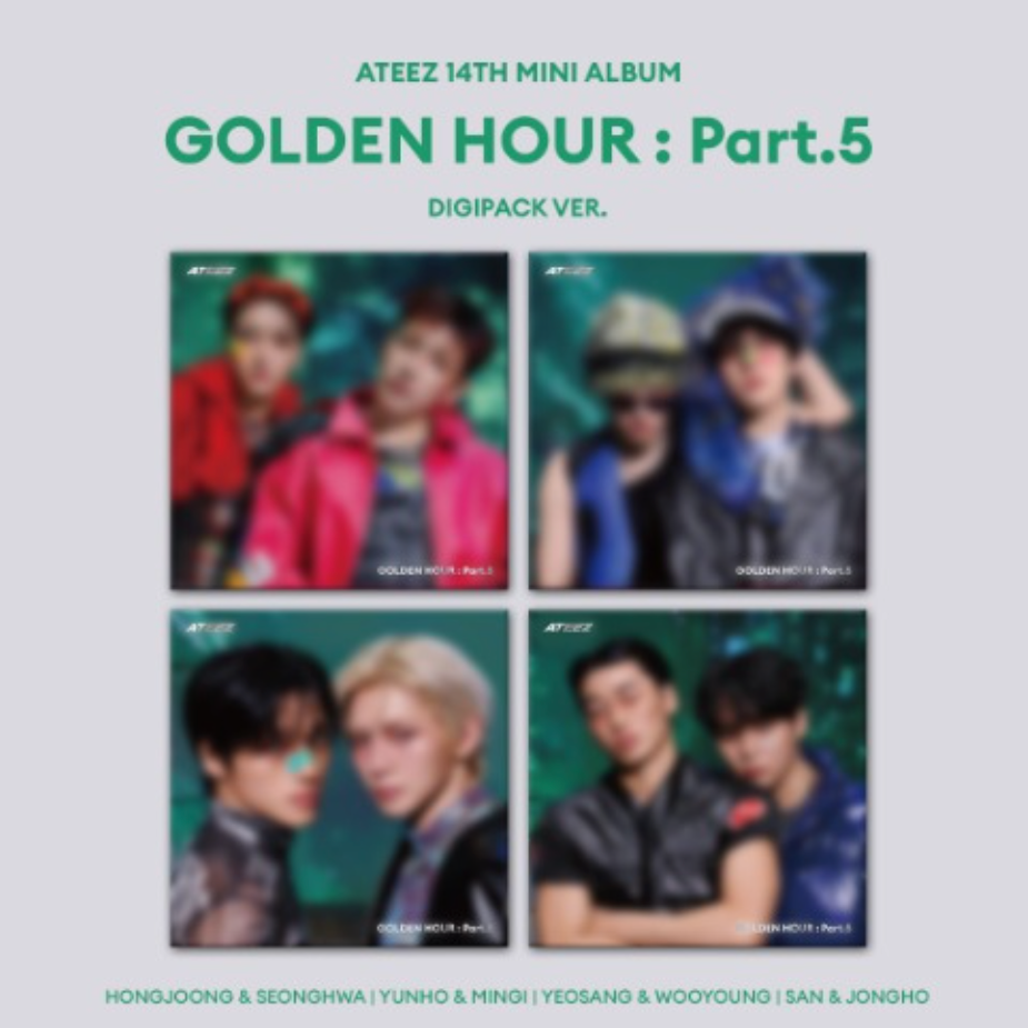Album cover for ATEEZ 14th mini album 'Golden Hour: Part.5' with four成员's photos on a light gray background.