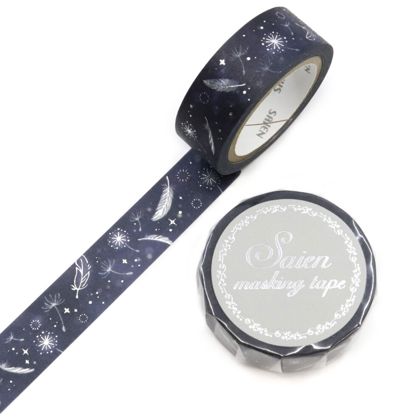 Decorative washi tape with celestial design and brand name on a white background