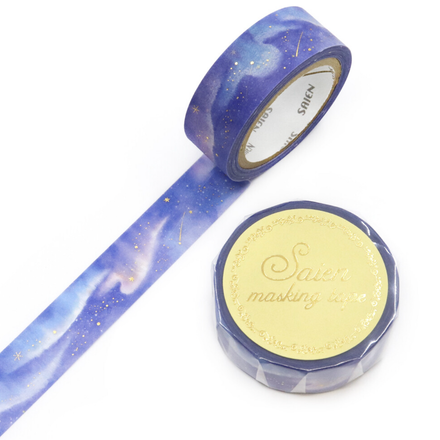 Roll of purple washi tape with a starry design on a white background