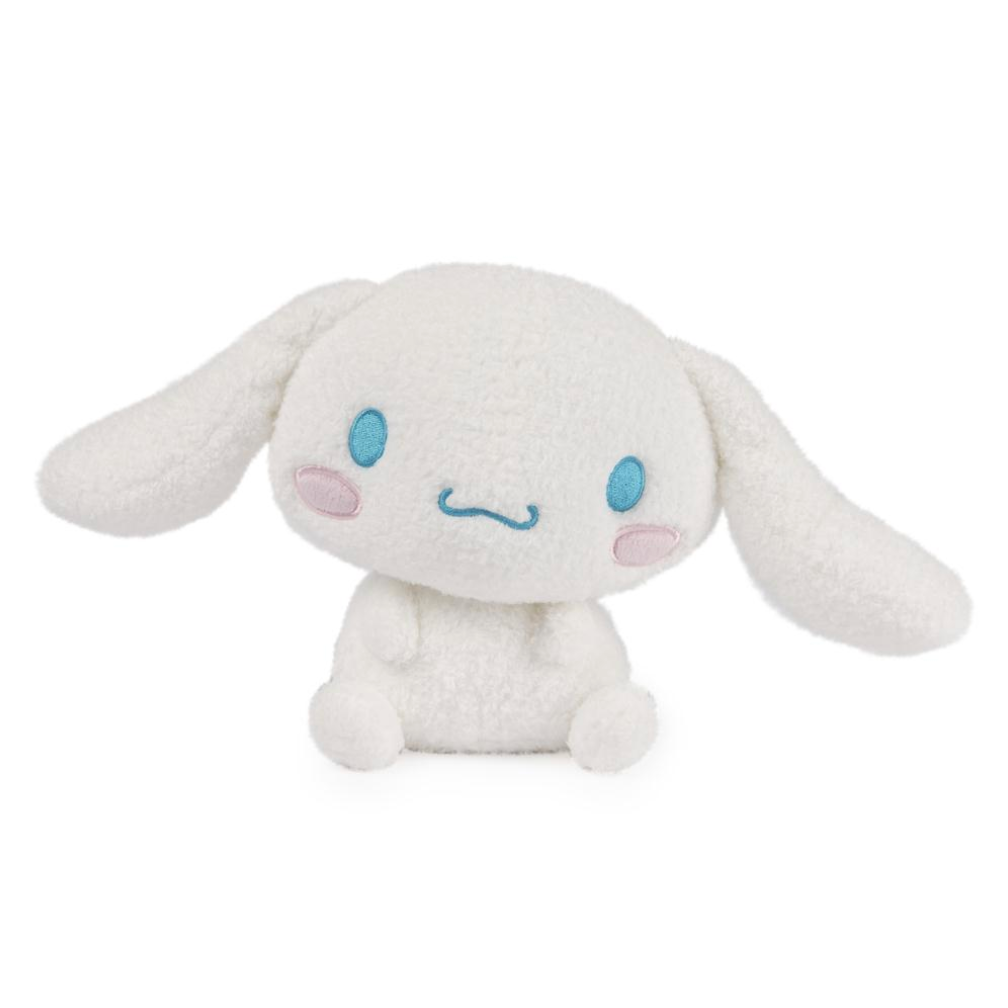A white plush toy character with long floppy ears, blue embroidered eyes, a blue stitched smile, and pink cheeks, shown against a plain white background.