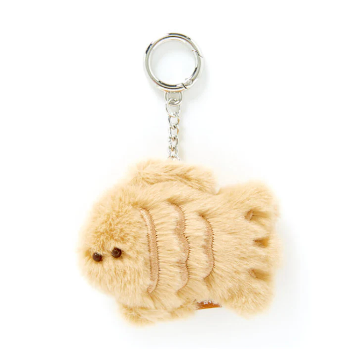 A small plush fish-shaped keychain in a light beige or cream fur-like material with embroidered eyes and stitched details, attached to a silver metal split ring and chain, shown on a plain white background.