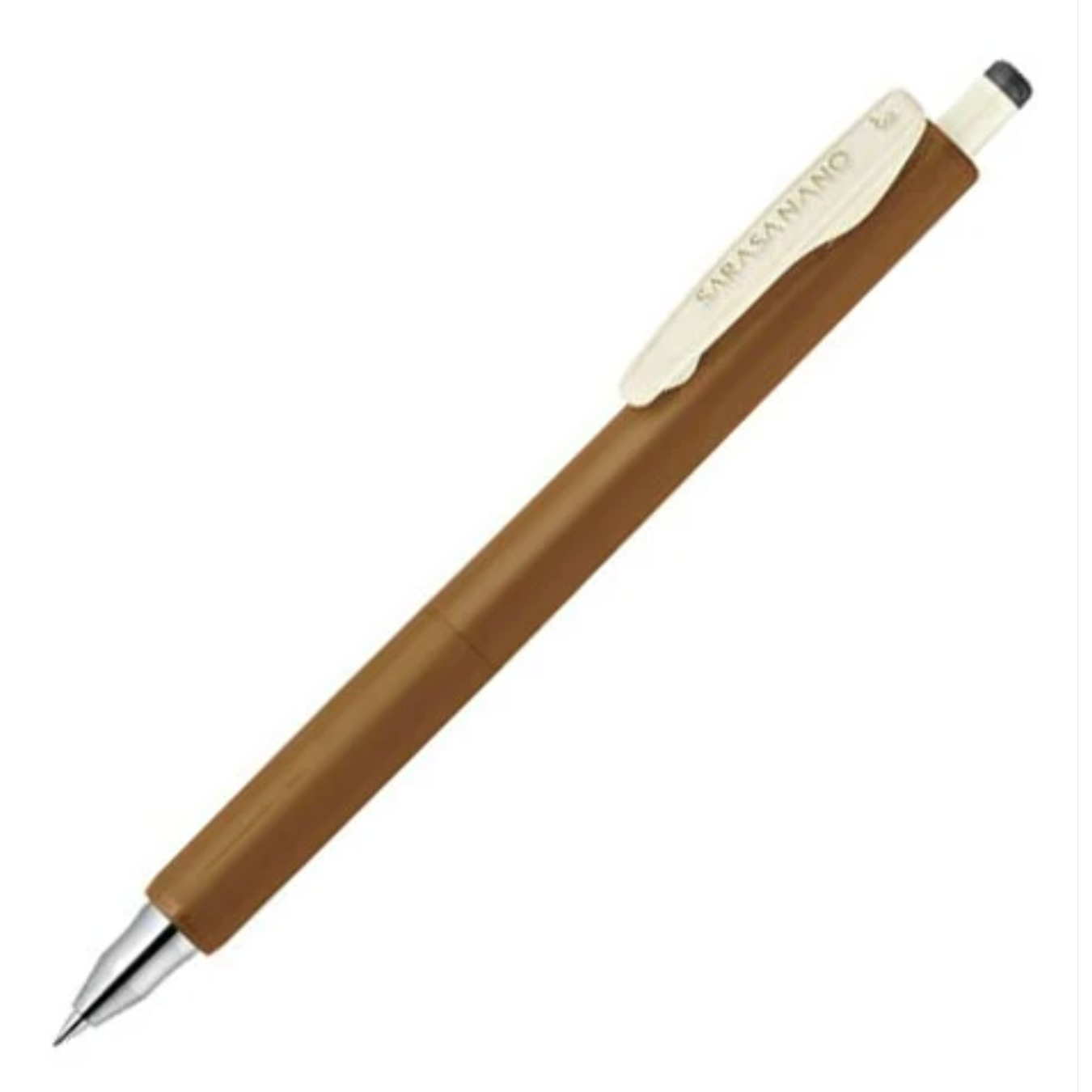 A brown retractable pen with a cream-colored clip and a silver metal tip, shown diagonally on a plain white background.