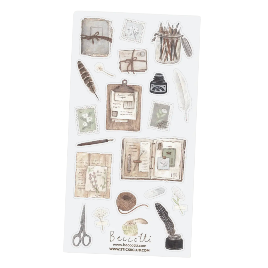 A sheet of Beccotti vintage-themed stickers featuring watercolor-style illustrations of old books, envelopes, scissors, feathers, ink bottles, stamps, and stationery on a white background.