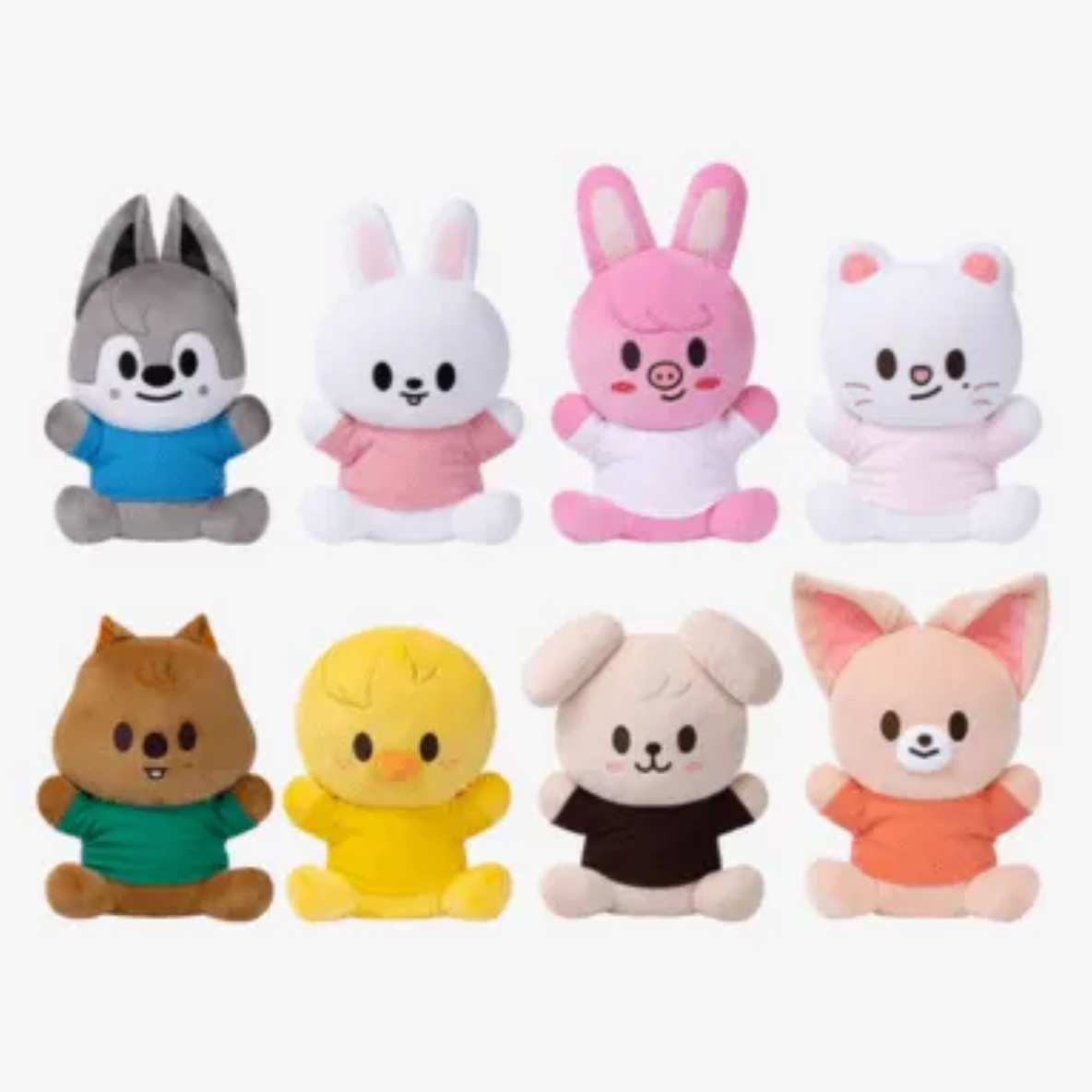 Eight cute plush animal toys arranged in two rows on a plain white background. The top row includes a gray wolf in a blue shirt, a white rabbit in a pink shirt, a pink bunny in a pink-and-white outfit, and a white cat in a pale pink shirt.
