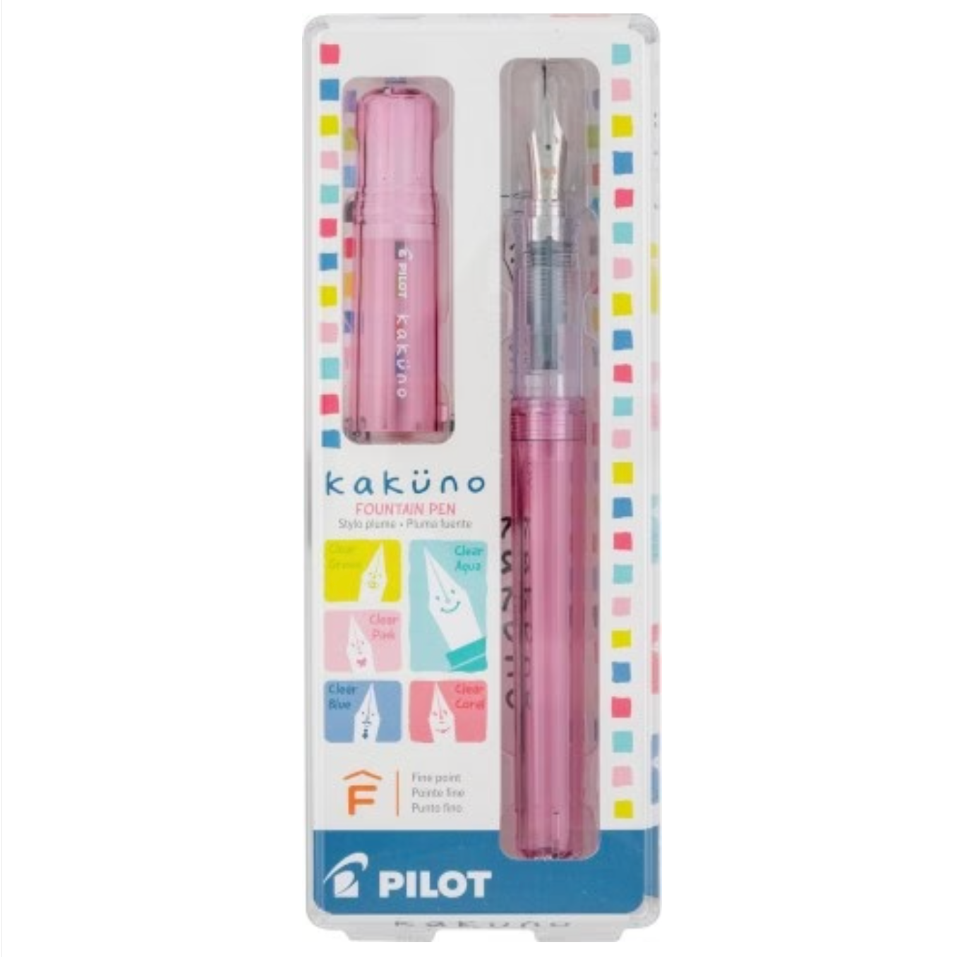 Pilot Kakuno Fountain Pen set in its original retail packaging, featuring a pink plastic barrel pen and a pink plastic bottle, with a white and blue cardboard backing decorated with colorful dotted borders.