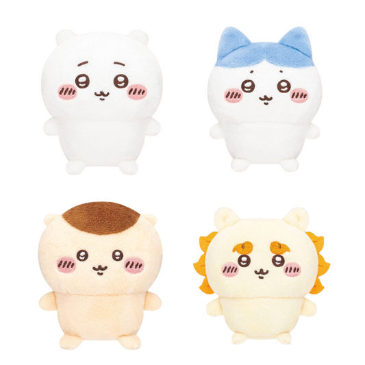 Four cute plush character toys arranged in a 2x2 grid on a plain white background. The top-left plush is white with small pink cheeks and a black face.