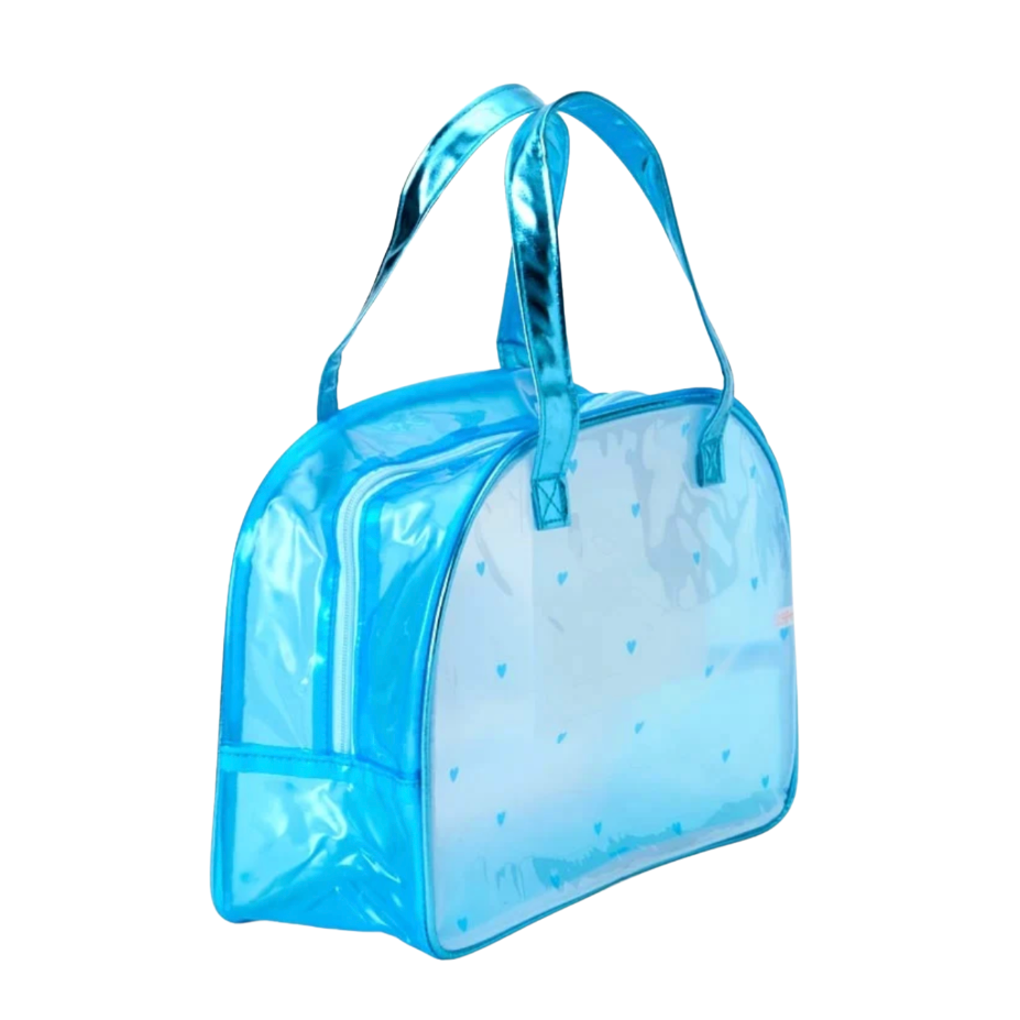 A translucent light blue waterproof bag with shiny metallic blue handles and small blue heart patterns on a white background.