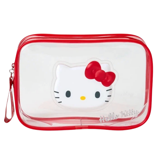 A clear plastic cosmetic pouch with a red zipper border and a Hello Kitty face graphic on the front, featuring a red bow and the Hello Kitty logo near the bottom right.