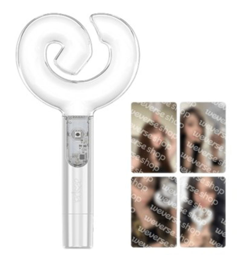 A clear plastic spiral-shaped light stick with a transparent handle and visible LED light module, shown on a white background alongside four small inset photos of people holding it.