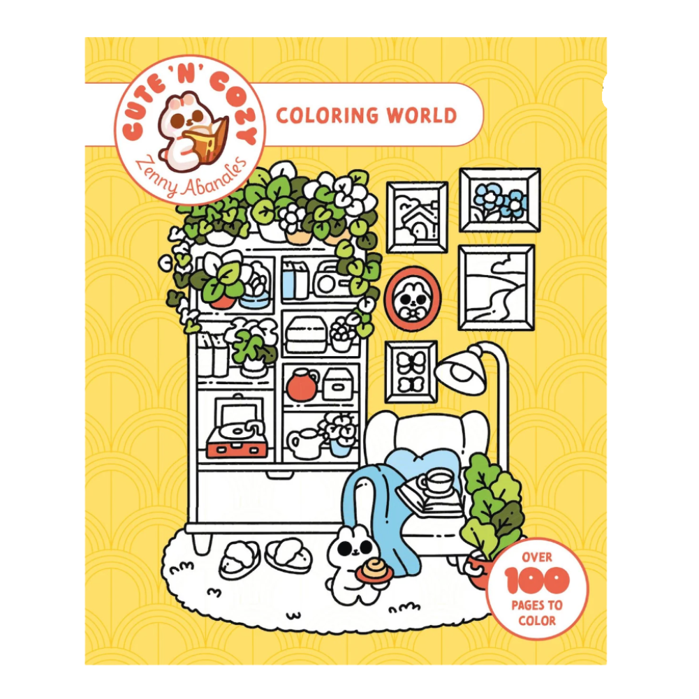 Cute 'n' Cozy Coloring World Crilly Ambush book cover, featuring a yellow patterned background with a cartoon cozy room scene and a white border.