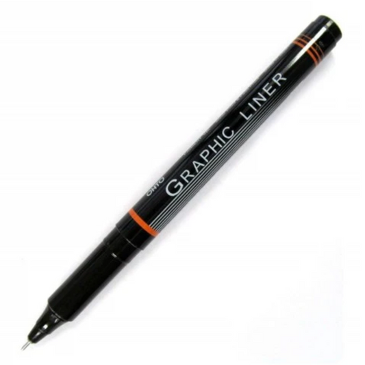 A black fine-tip graphic liner pen with orange accent bands and white text, shown diagonally on a plain white background.