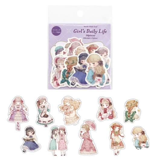 A package of die-cut stickers labeled 'GIRL'S DAILY LIFE' with multiple illustrated girl characters, shown above ten individual matching stickers on a plain white background.