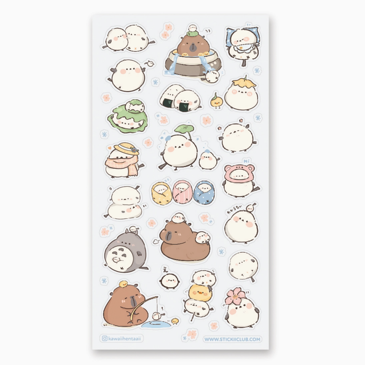 A sheet of cute cartoon stickers featuring small round characters of birds and capybaras in various poses and outfits with text 'www.stickiiclub.com' at bottom of sticker sheet on a white background.