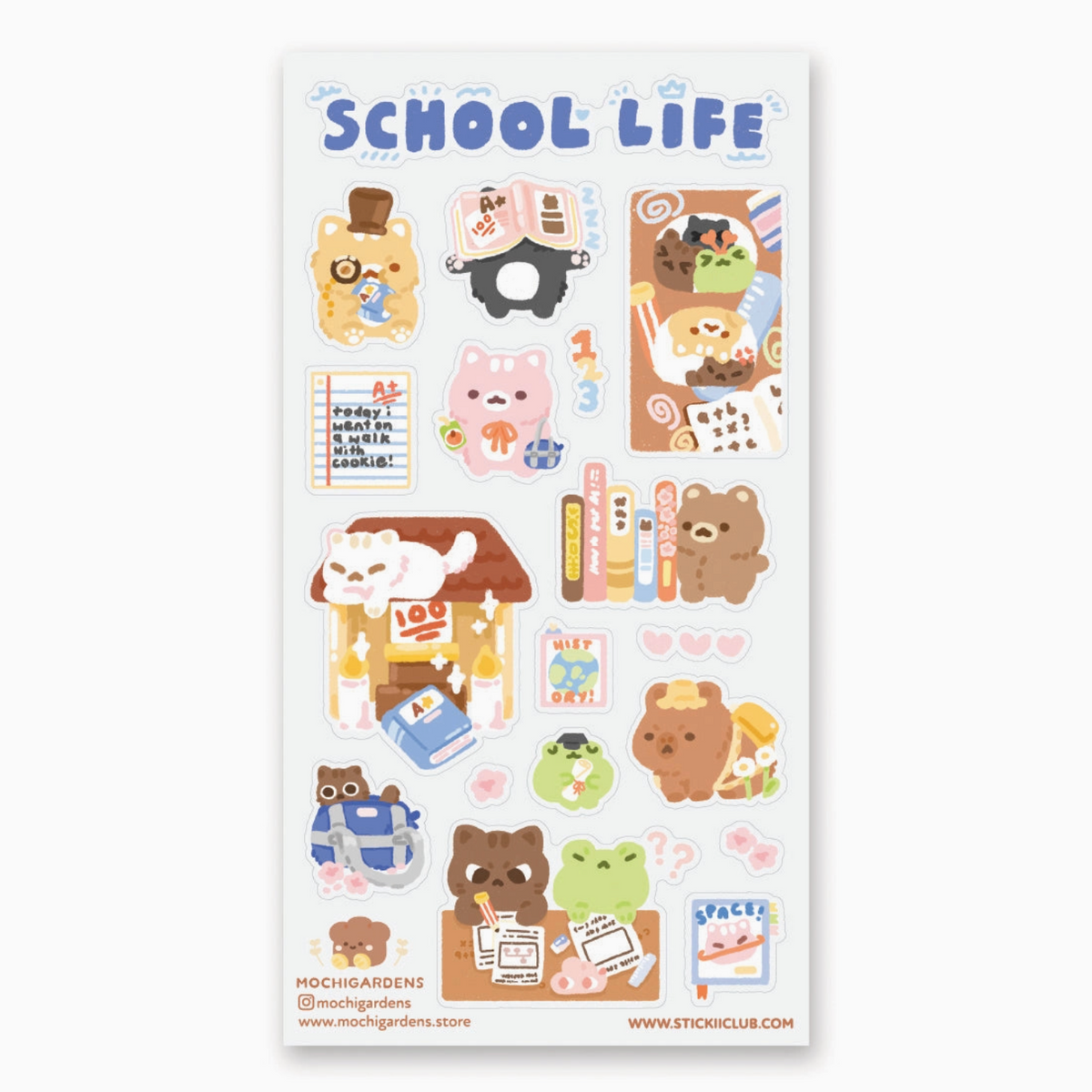 A sheet of cute school-themed stickers with cartoon animals, books, notebooks, and playful illustrations on a white background. The sheet has the title 'SCHOOL LIFE' at the top and branding for Mochigardens at the bottom.