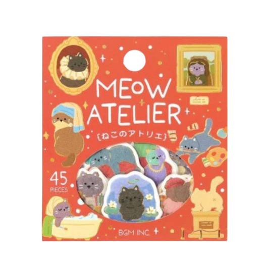 A packaged set of cat-themed acrylic pins or stickers on a red backing card with the text 'MEOW ATELIER' and '45 pieces.' The package shows colorful cartoon cats and animals, and part of another green package is visible at the bottom right on a white background.