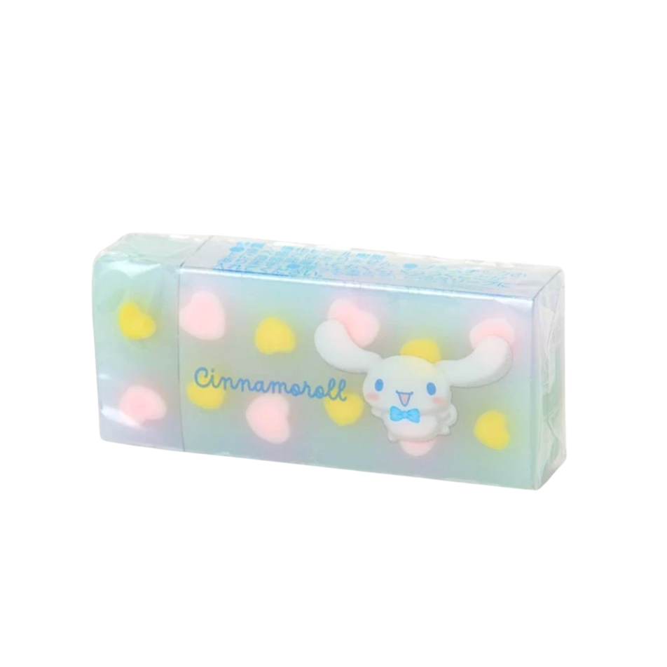 A Cinnamorell-themed translucent eraser, featuring Sanrio Cinnamoroll character with pink and yellow heart accents on a white background.