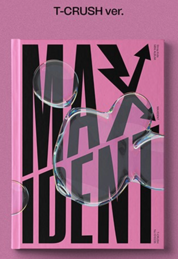 The image shows the cover of the STRAY KIDS mini album 'MAXIDENT'. The cover features a pink background with the album title in large black letters