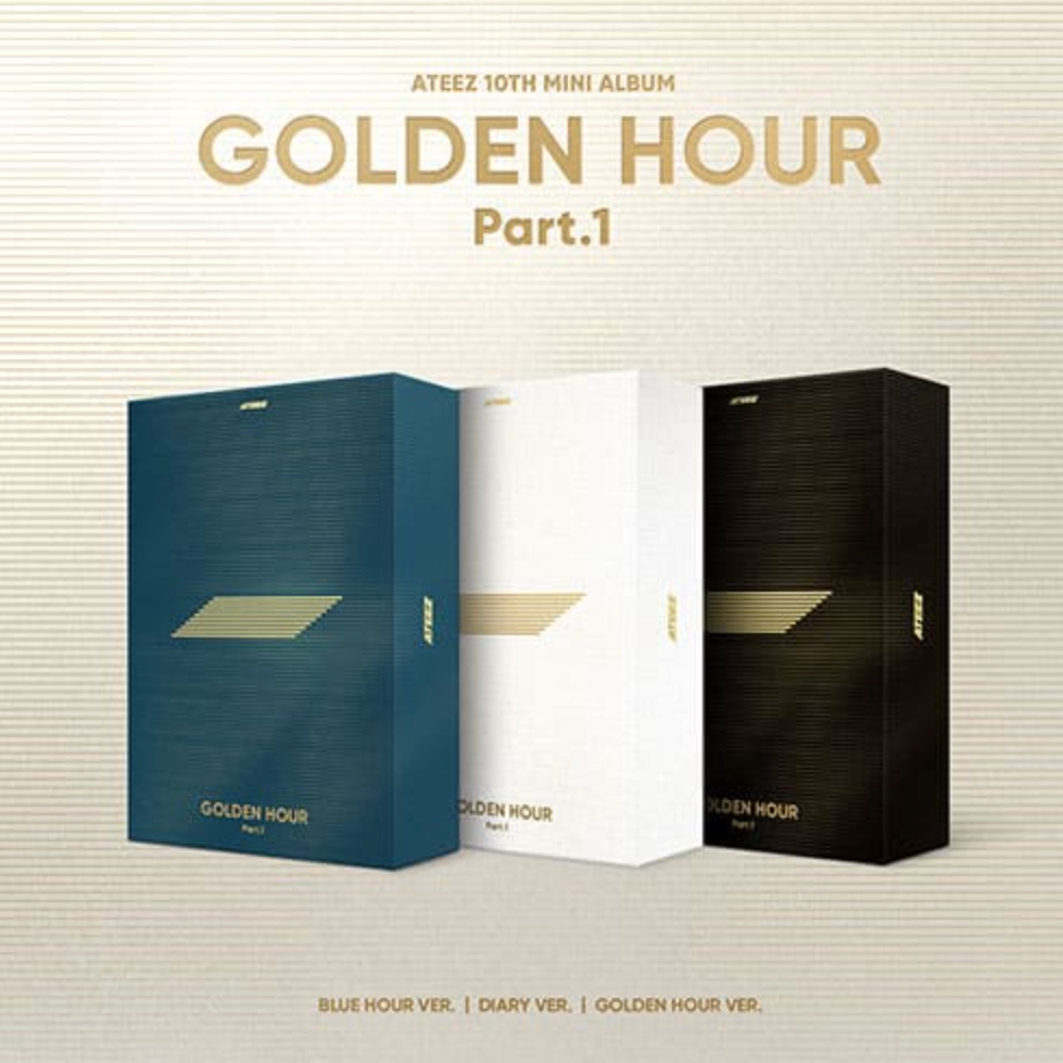 Three different versions of ATEEZ 10th Mini Album 'GOLDEN HOUR: Part.1' with blue, dark, and golden hour themed covers.