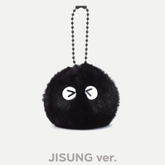 Jisung version of black fluffy keychain with cartoon face on a white background
