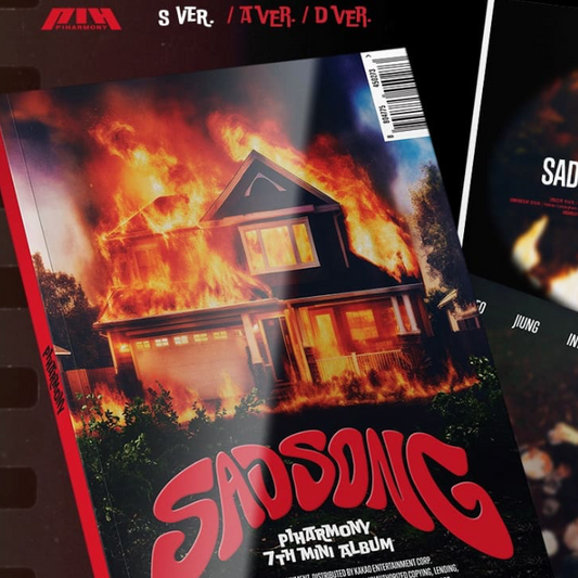 Album cover with a burning house and 'SADSONG' text on a dark background