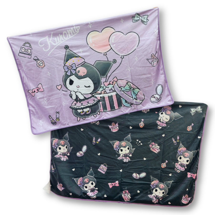 Two cartoon-themed blanket with a purple blanket featuring a character and a black blanket with similar design on a white background.