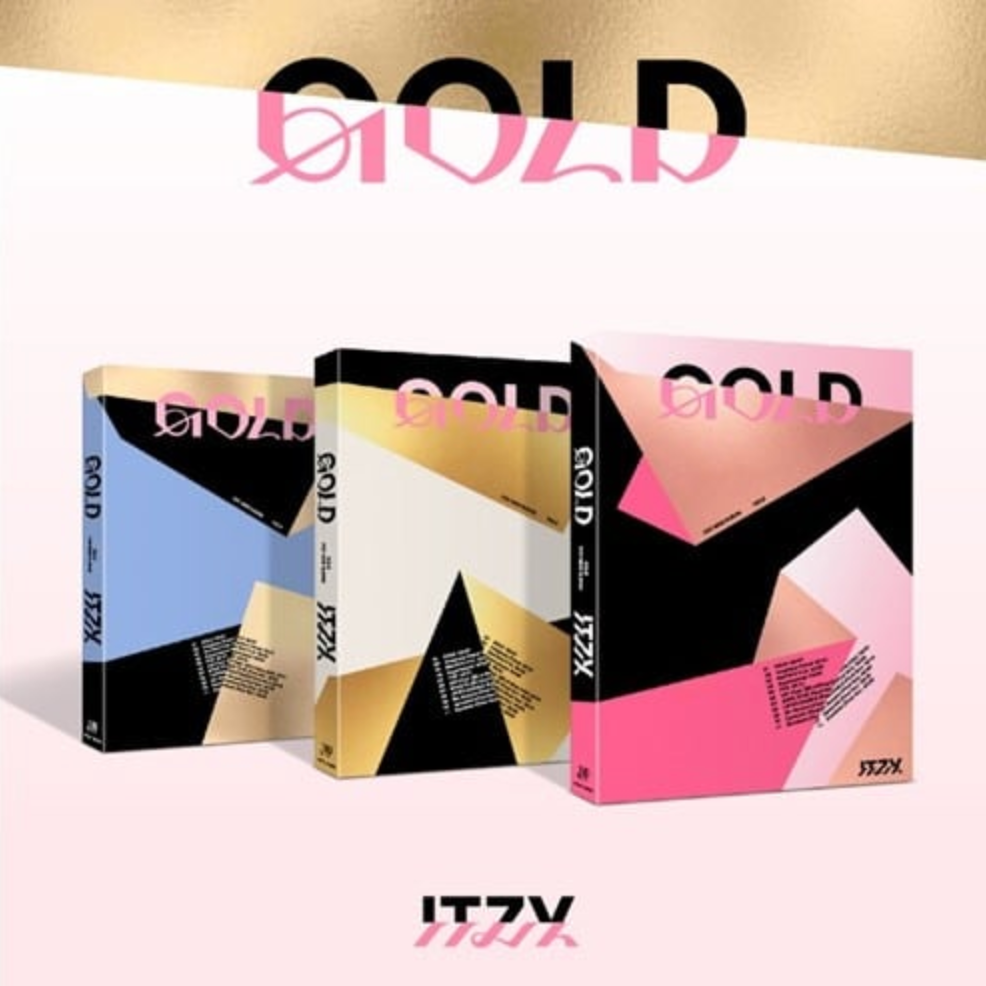 Three versions of the ITZY album 'GOLD' with different cover colors and designs. The album covers display the group's name and the word 'GOLD' prominently.
