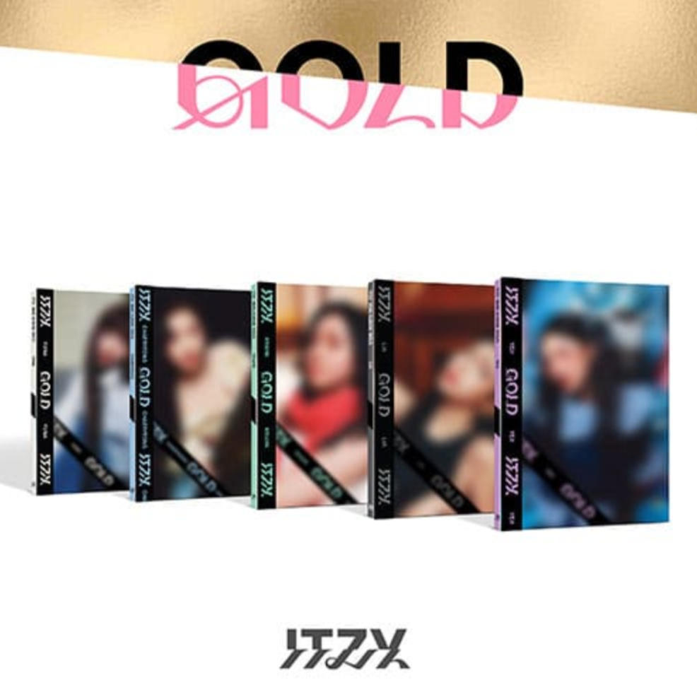 A set of five 'GOLD' branded ITZY music CDs, arranged in a row with the ITZY logo and the word 'GOLD' above each CD cover.