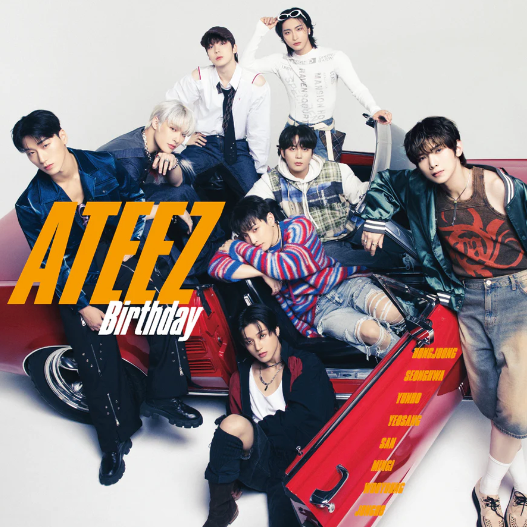 Album cover with group members posing around a red car with 'ATEEZ Birthday' text.