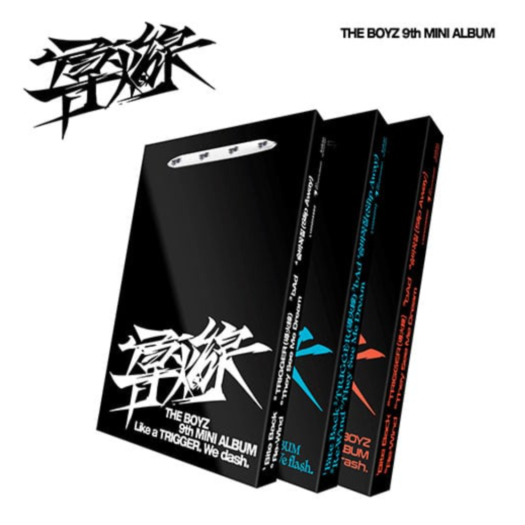 Album cover for THE BOYZ 9th Mini Album, featuring black and red text on a dark background with additional text in blue and orange highlighting different album versions.
