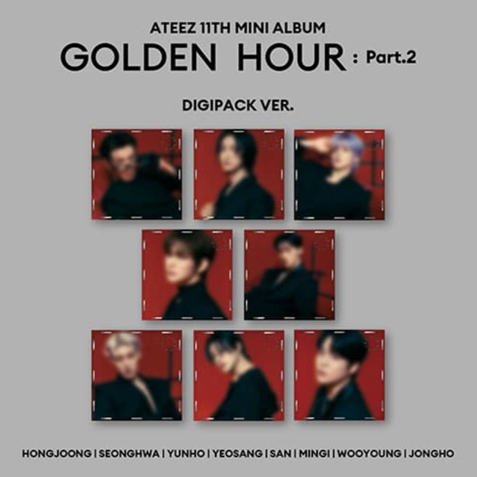 Album cover for ATEEZ 11th Mini Album 'GOLDEN HOUR: Part.2' featuring a collage of the band members in a red and black color scheme.