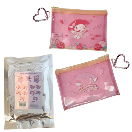 A series of three images showing a pink flat pouch with a character design, a close-up of the pouch's closure mechanism, and the product packaging for a similar pouch. The pouches feature a vintage-style graphic with hearts and the character 'Lovey' from the 'Lovey Fantasy Series'.