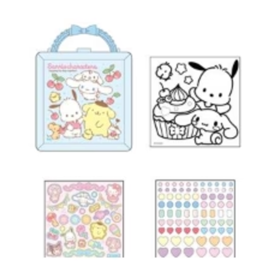 Collection of cartoon-themed stickers and a small blue box on a white background