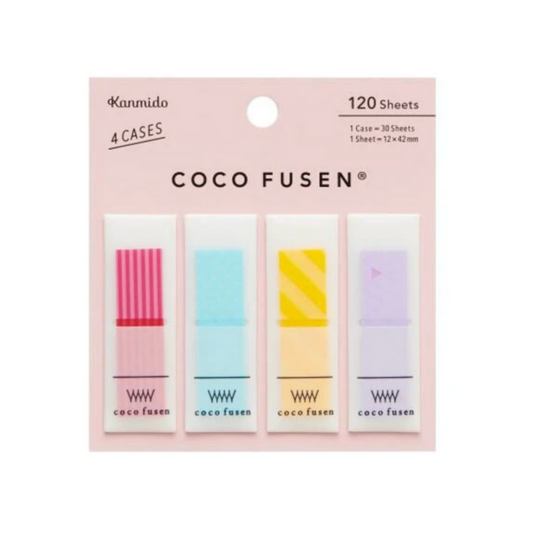 A set of Kanmido Coco Fusen sticky notes in four different colors, each contained in their own clear plastic case with a pink background. The colors are pink, blue, yellow, and purple.