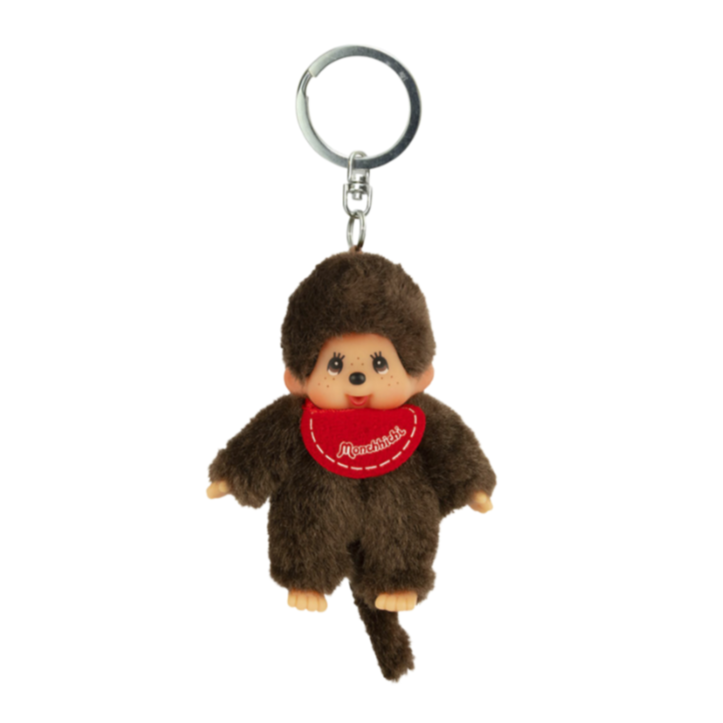 Plush monkey keychain with a red bandana on a white background