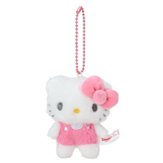 Plush keychain of a Hello Kitty character with a pink bow on a white background