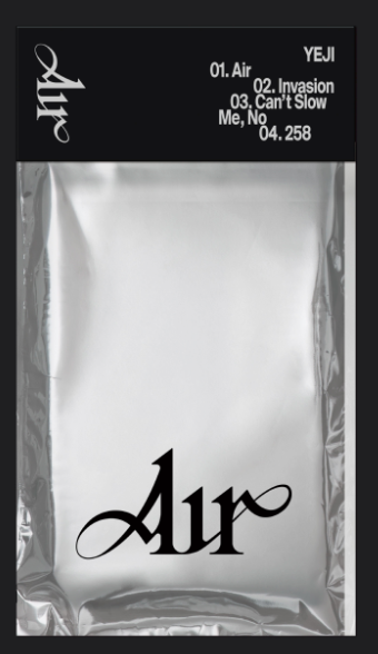 The image features the cover art for YEJI's 1st Mini Album titled 'Air'. It shows two versions of the album, in silver packaging with purple accents on the covers.