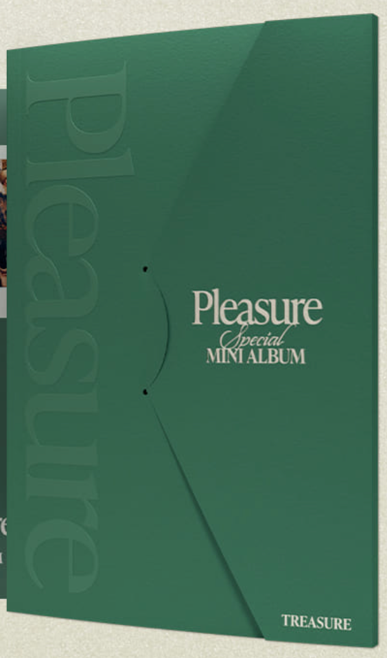 Special mini album packaging for TREASURE with 'Pleasure' text, in green with an image of the members on the front.