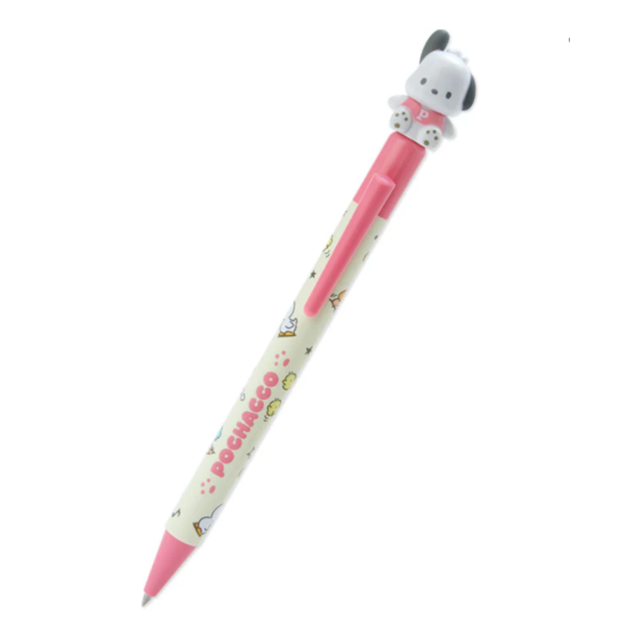 Sanrio character-themed ballpoint pens in various colors, featuring a cute Pochacco character with text 'Pochacco' on pen