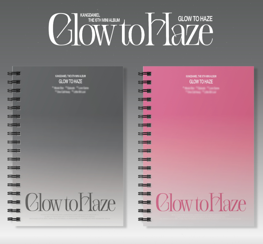 Two spiral-bound albums with 'Glow to Haze' text on a gray background