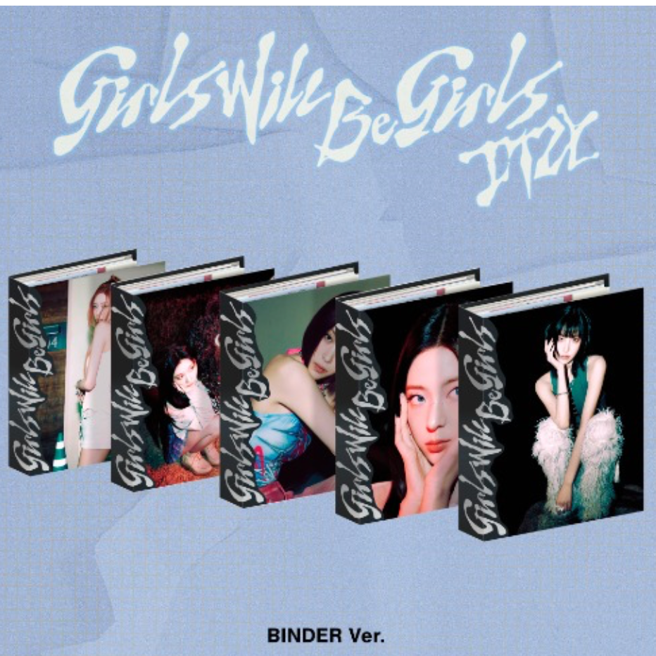 Set of albums with 'Girls Will Be Girls' branding on a blue background