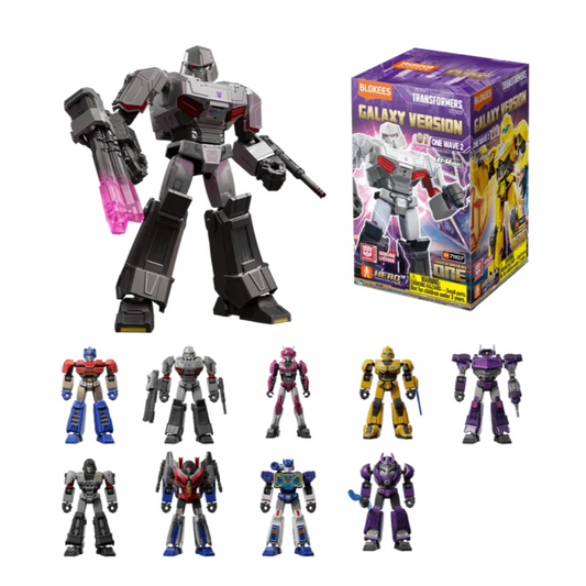 Transformers galaxy version action figures with packaging on a white background