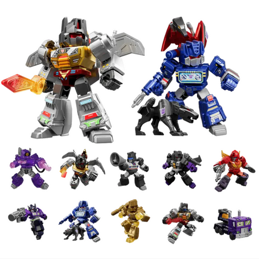 Collection of various robot toy figures on a white background