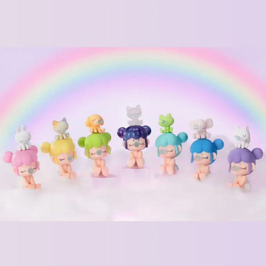 Colorful cartoon character figurines with a rainbow in the background
