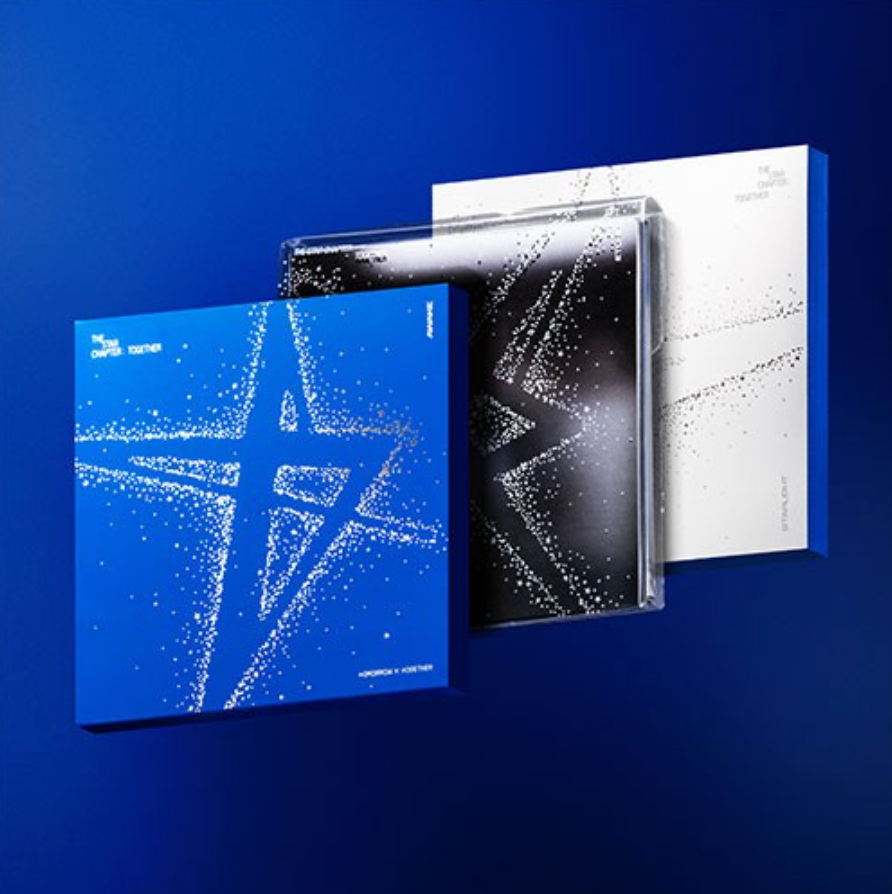Three music album covers with star designs on a blue background